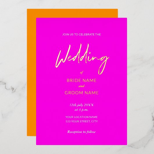 Oogstrelend Roze Oranje Script Bruiloft Modern Folie Uitnodiging (Voorkant / Achterkant)