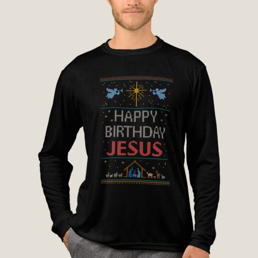Oogstrelende kerstkeukenkleur Happy Birthday Jesus Tri-Blend Shirt (Voorkant volledig)