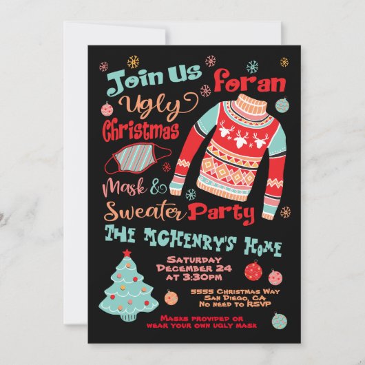 Oogstrelende kerstmis-Masker en Sweater Party Kaart (Voorkant)