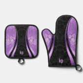 Oogstrelende paarse zwarte Damask Dynamic Lines Ov Ovenwant & Pannenlap Set (Voorkant)