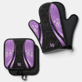 Oogstrelende paarse zwarte Damask Dynamic Lines Ov Ovenwant & Pannenlap Set (Voorkant / Achterkant)