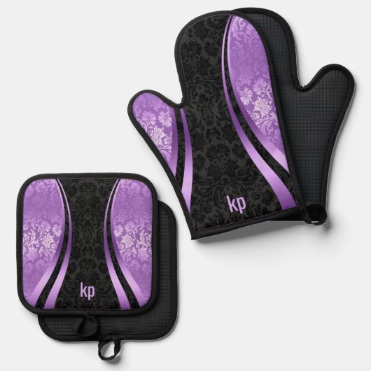 Oogstrelende paarse zwarte Damask Dynamic Lines Ov Ovenwant & Pannenlap Set (Voorkant / Achterkant)