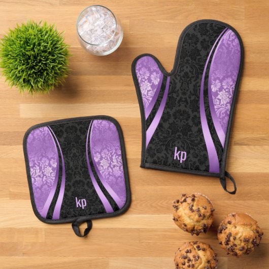 Oogstrelende paarse zwarte Damask Dynamic Lines Ov Ovenwant & Pannenlap Set (Top down)