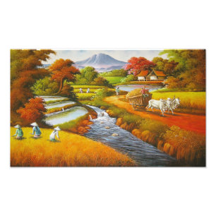 Oogsttijd: Een landelijk landschap met een berg Foto Afdruk