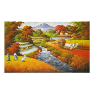 Oogsttijd: Een landelijk landschap met een berg Foto Afdruk