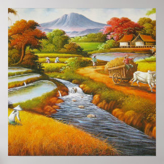 Oogsttijd: Een landelijk landschap met een berg Poster