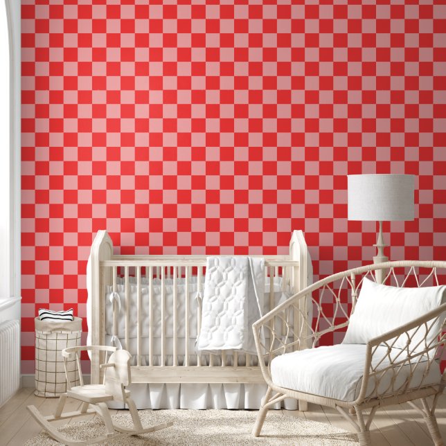 Oogverblindend rood en roze schaakbord behang (Kinderen)