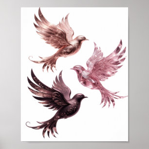 Oogverblindend Zilver DRIE ROZE VOGELS Design Poster