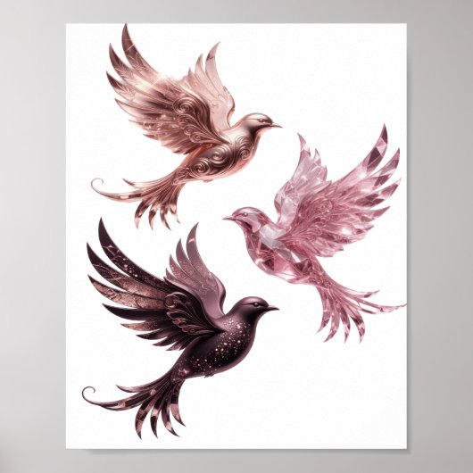Oogverblindend Zilver DRIE ROZE VOGELS Design Poster (Voorkant)