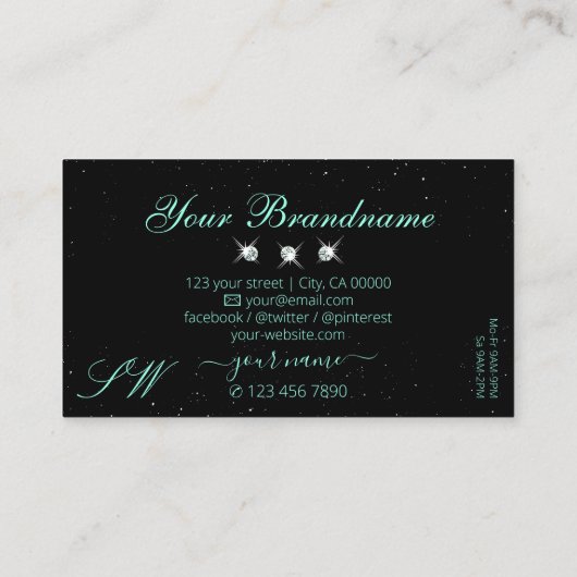 Oogvis Blauwgroen zwarte Initialen met mousserende Visitekaartje (Achterkant)