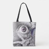 Oogvis en hand Surreëel potlood tekenkunst Tote Bag (Achterkant)