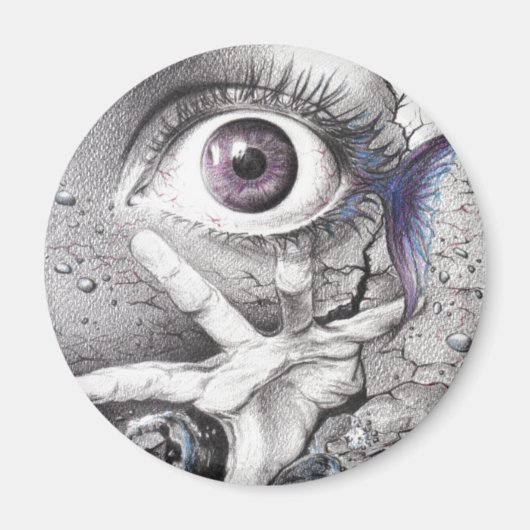 Oogvis en handsurrealistische potloodtekenkunst magneet (Voorkant)