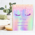 Oogwimpers roze druppels iriserende salon 2025 planner<br><div class="desc">Een trendy iriserende gekleurde achtergrond met eenhoorn- en regenboogpastelkleuren in roze,  paarse,  mintgroen. Versierd met druppels in roze,  paarse en paarse wimpers. Een afspraak planner voor make-up artiesten,  haar ontwerpers,  haar en schoonheidssalons. Paarse letters.</div>