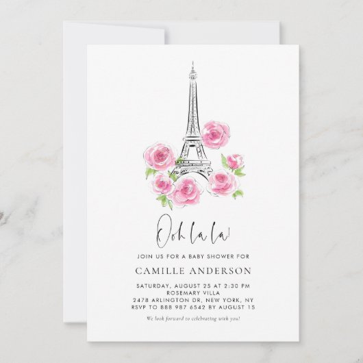 Ooh la Eiffel Tower Pink Floral Baby shower Kaart (Voorkant)