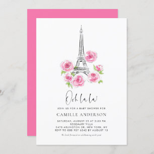Ooh la Eiffel Tower Pink Floral Baby shower Kaart