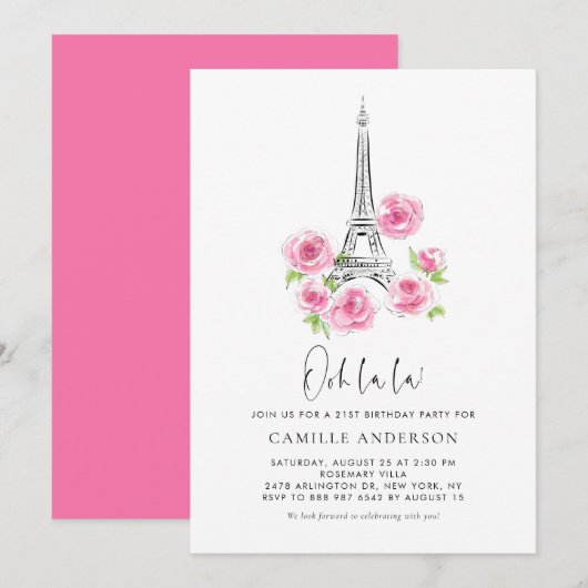 Ooh la Eiffel Tower Pink Floral Birthday Party Kaart (Voorkant / Achterkant)
