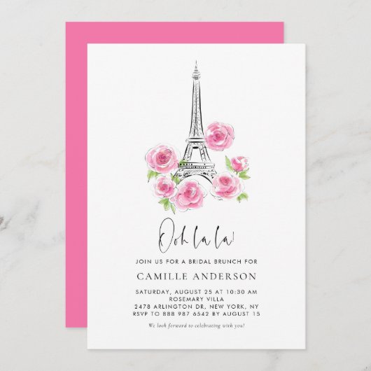 Ooh la Eiffel Tower Pink Floral Bridal Brunch Kaart (Voorkant / Achterkant)
