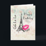 Ooh La La Paris Eiffel Tower Happy Birthday Kaart<br><div class="desc">Een gelukkig verjaardagswenskaart met een bericht binnenin. Pas het aan uw behoeften aan. Het voorontwerp is een mooie ondergrond met zwakke rozen en andere decoratieve elementen. Gelaagd over bovenkant is een illustratie van de eiffeltoren en Ooh La La schreef zijwaarts. Een roze lippenstift indruk links naast het beroemde landmerk met...</div>