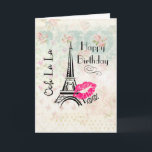 Ooh La La Paris Eiffel Tower Happy Birthday Kaart<br><div class="desc">Een gelukkig verjaardagswenskaart met een bericht binnenin. Pas het aan uw behoeften aan. Het voorontwerp is een mooie ondergrond met zwakke rozen en andere decoratieve elementen. Gelaagd over bovenkant is een illustratie van de eiffeltoren en Ooh La La schreef zijwaarts. Een roze lippenstift indruk links naast het beroemde landmerk met...</div>