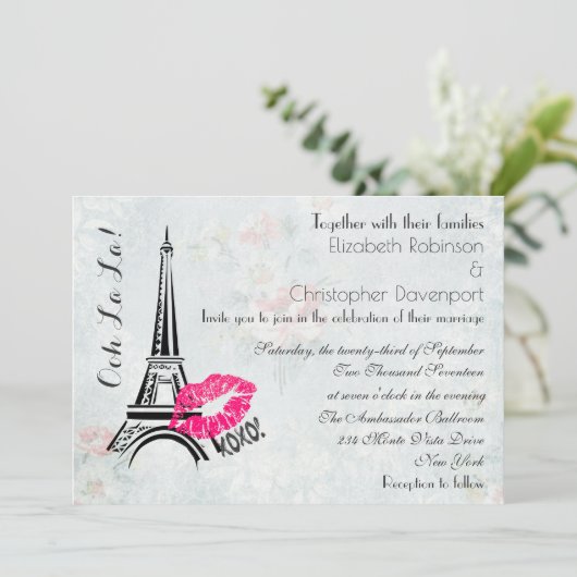 Ooh La La Paris Eiffel Tower Wedding Invite Kaart (Staand voorkant)