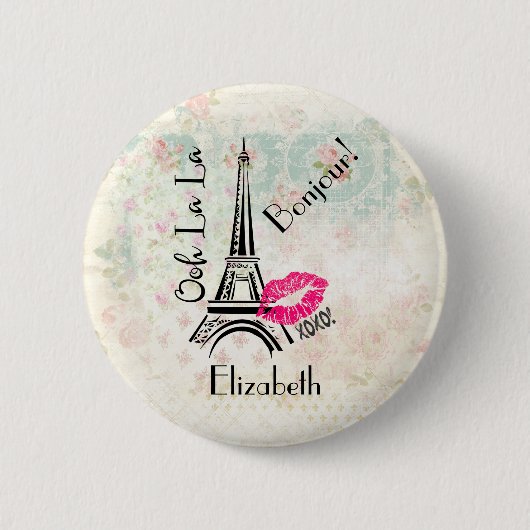 Ooh La La Paris Eiffeltoren  Bonjour Ronde Button 5,7 Cm (Voorkant)