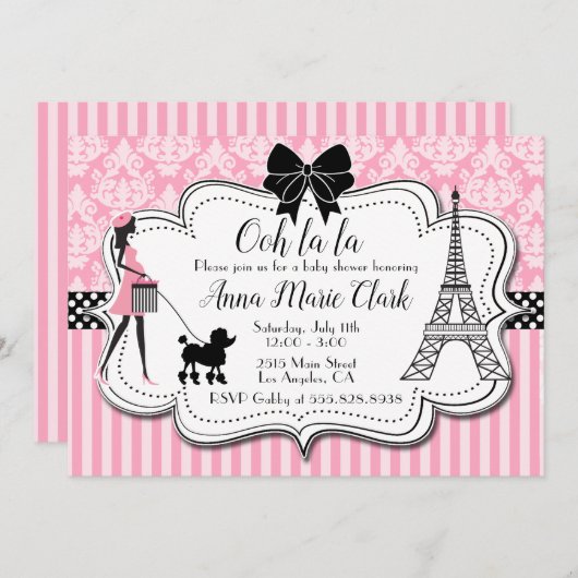 Ooh la la - Paris Poodle Roze Baby Borrel Kaart (Voorkant / Achterkant)