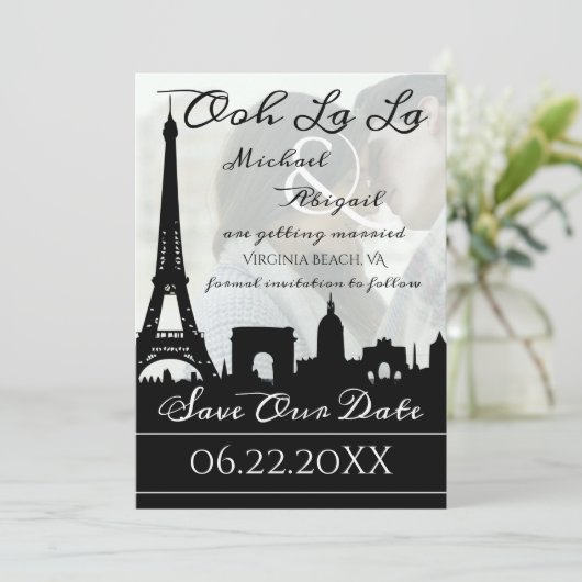 Ooh La La Paris Skyline Aangepaste foto Save The Date (Staand voorkant)