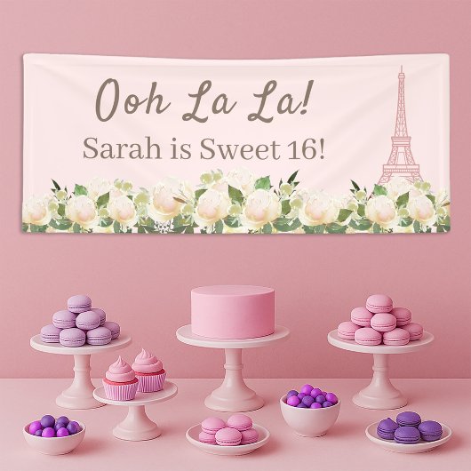 Ooh La La Sweet 16 Eiffeltoren Roze Witte Bloemen Spandoek