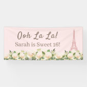Ooh La La Sweet 16 Eiffeltoren Roze Witte Bloemen Spandoek (Horizontaal)