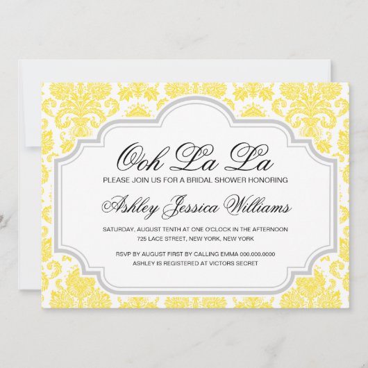 Ooh La La Yellow Damask Bridal Shower Invitations Kaart (Voorkant)