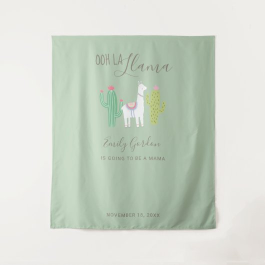 Ooh La Llama Baby Shower Groene Achtergrond Cute Wandkleed (Voorkant)