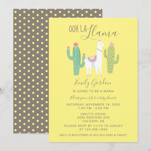 Ooh La Llama Baby shower schatgeel bruin Kaart (Voorkant / Achterkant)