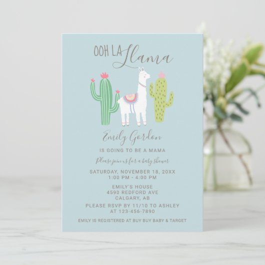 Ooh La Llama Baby shower schattig blauw en bruin e Kaart (Staand voorkant)