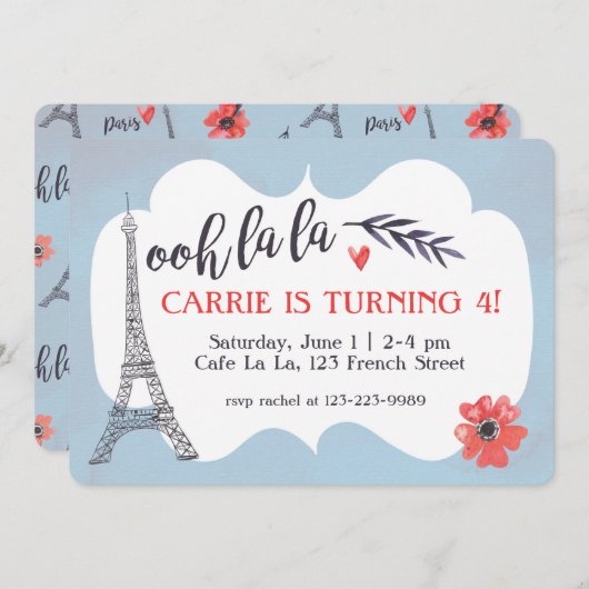 Ooh la Paris Birthday Uitnodiging (Voorkant / Achterkant)