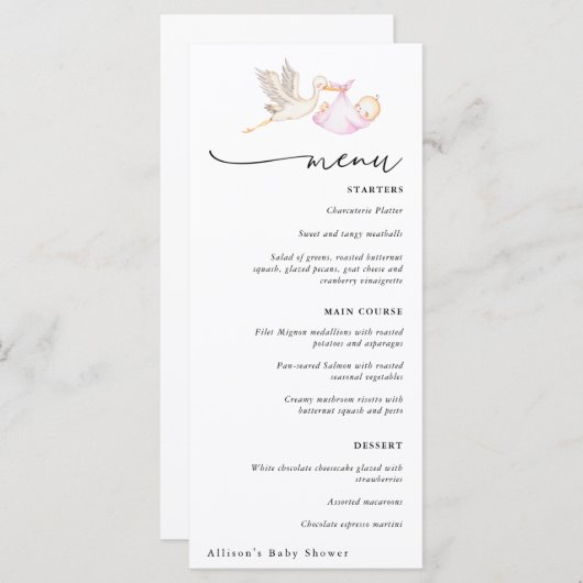 Ooievaar Baby Meisje Douche Menu (Voorkant / Achterkant)