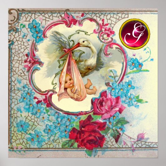 OOIEVAAR BABY MEISJE FEEST Ruby Edelsteen Monogram Poster (Voorkant)