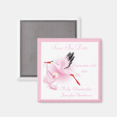 Ooievaar & Baby Meisje Roze Save the Date Baby sho Magneet (Voorkant / Achterkant)