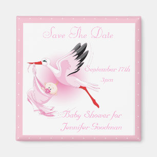 Ooievaar & Baby Meisje Roze Save the Date Baby sho Magneet