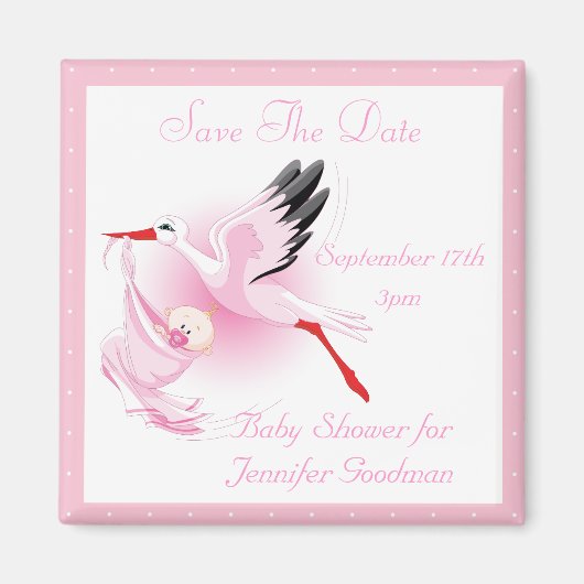 Ooievaar & Baby Meisje Roze Save the Date Baby sho Magneet (Voorkant)