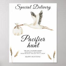 ooievaar baby shower - fopspeen jacht spel poster