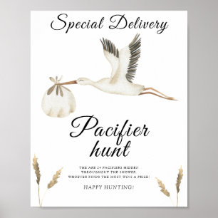 ooievaar baby shower - fopspeen jacht spel poster