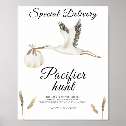 ooievaar baby shower - fopspeen jacht spel poster (Voorkant)