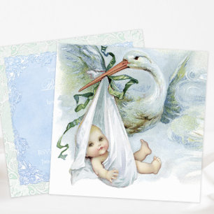 Ooievaar baby shower in blauw en groen kaart
