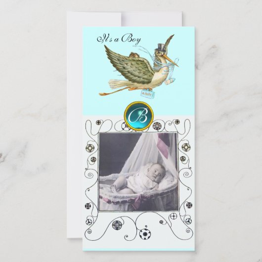 OOIEVAAR BABY SHOWER KRULLEN MONOGRAM aquamarijn Aankondiging (Voorkant)