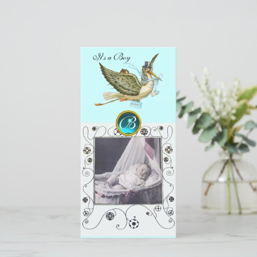 OOIEVAAR BABY SHOWER KRULLEN MONOGRAM aquamarijn Aankondiging (Staand voorkant)