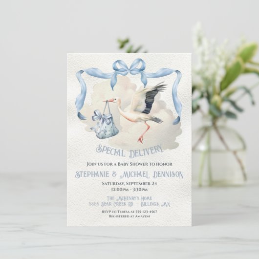 Ooievaar Baby shower Lint Bow Speciale Levering Kaart (Staand voorkant)