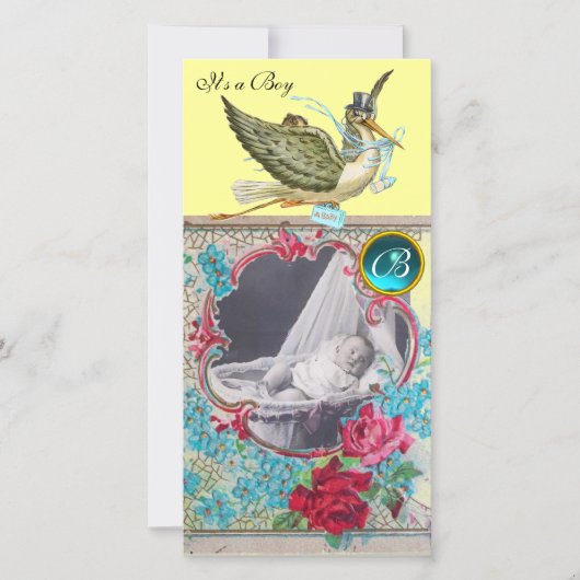 OOIEVAAR BABY SHOWER MONOGRAM, aquamarijn Aankondiging (Voorkant)