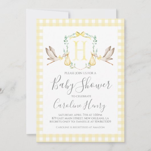 Ooievaar Baby shower Preppy Gingham Neutral Yellow Kaart (Voorkant)