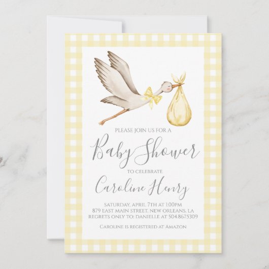 Ooievaar Baby shower Preppy Gingham Neutral Yellow Kaart (Voorkant)