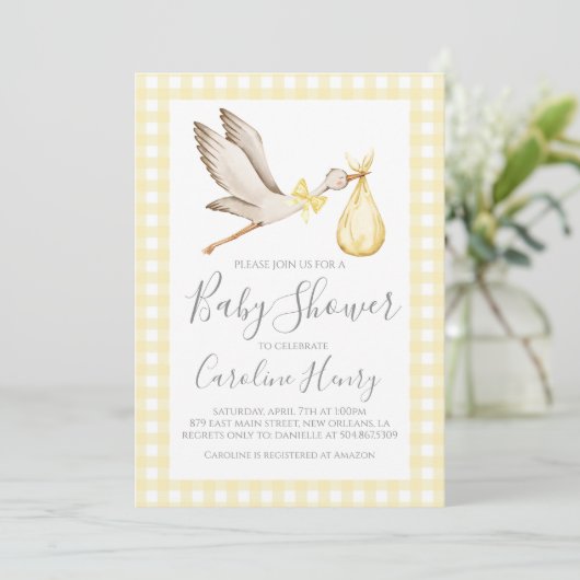 Ooievaar Baby shower Preppy Gingham Neutral Yellow Kaart (Staand voorkant)